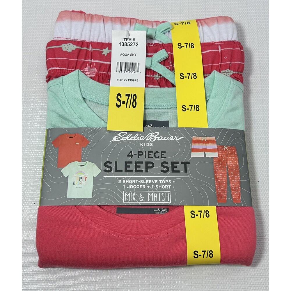 Eddie Bauer Kids 4 Piece Sleep Set Pajama Small 7/8 Girls Aqua Sky